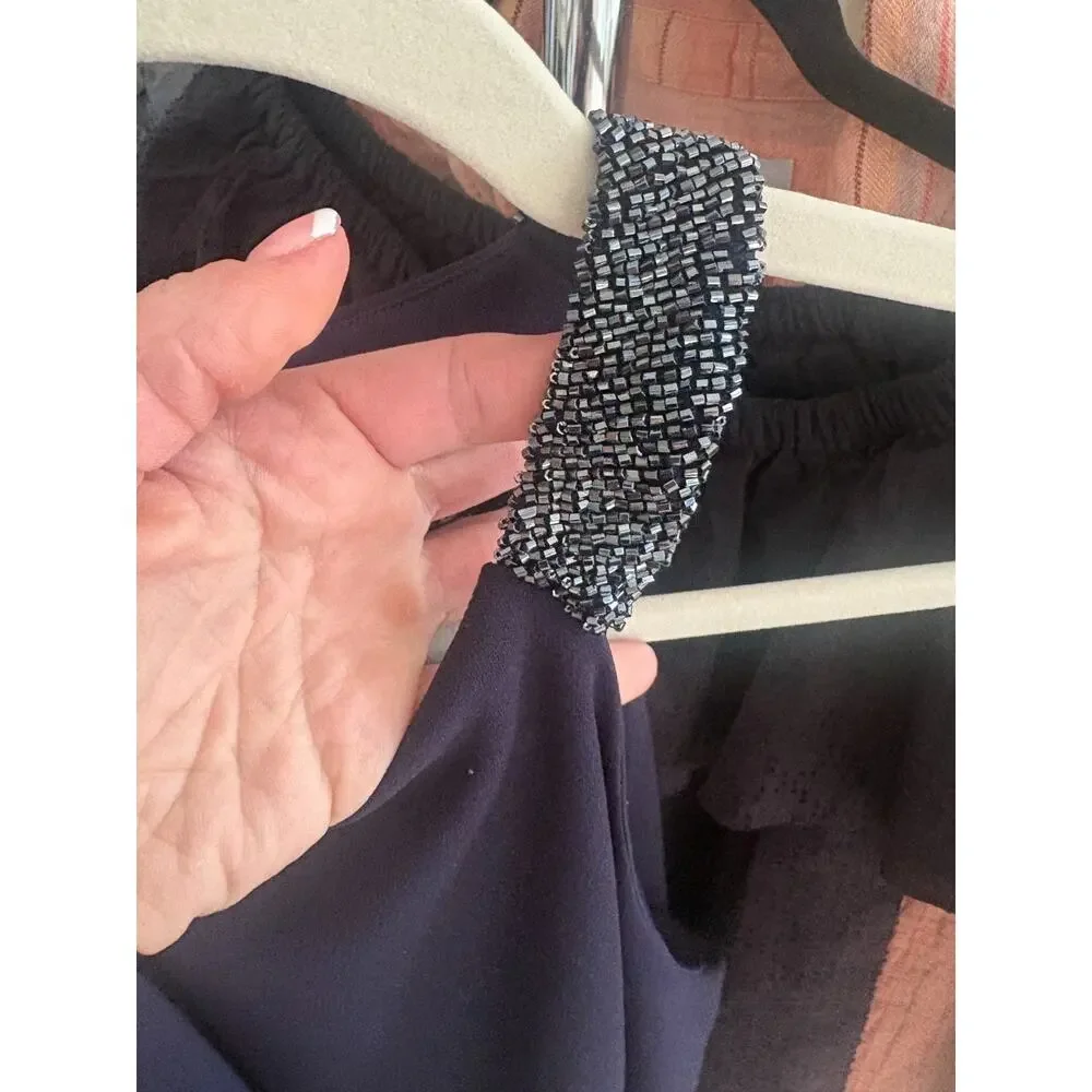 Lauren Ralph Lauren Navy Blue Beaded Halter Ruffle Sheath Dress Size 6